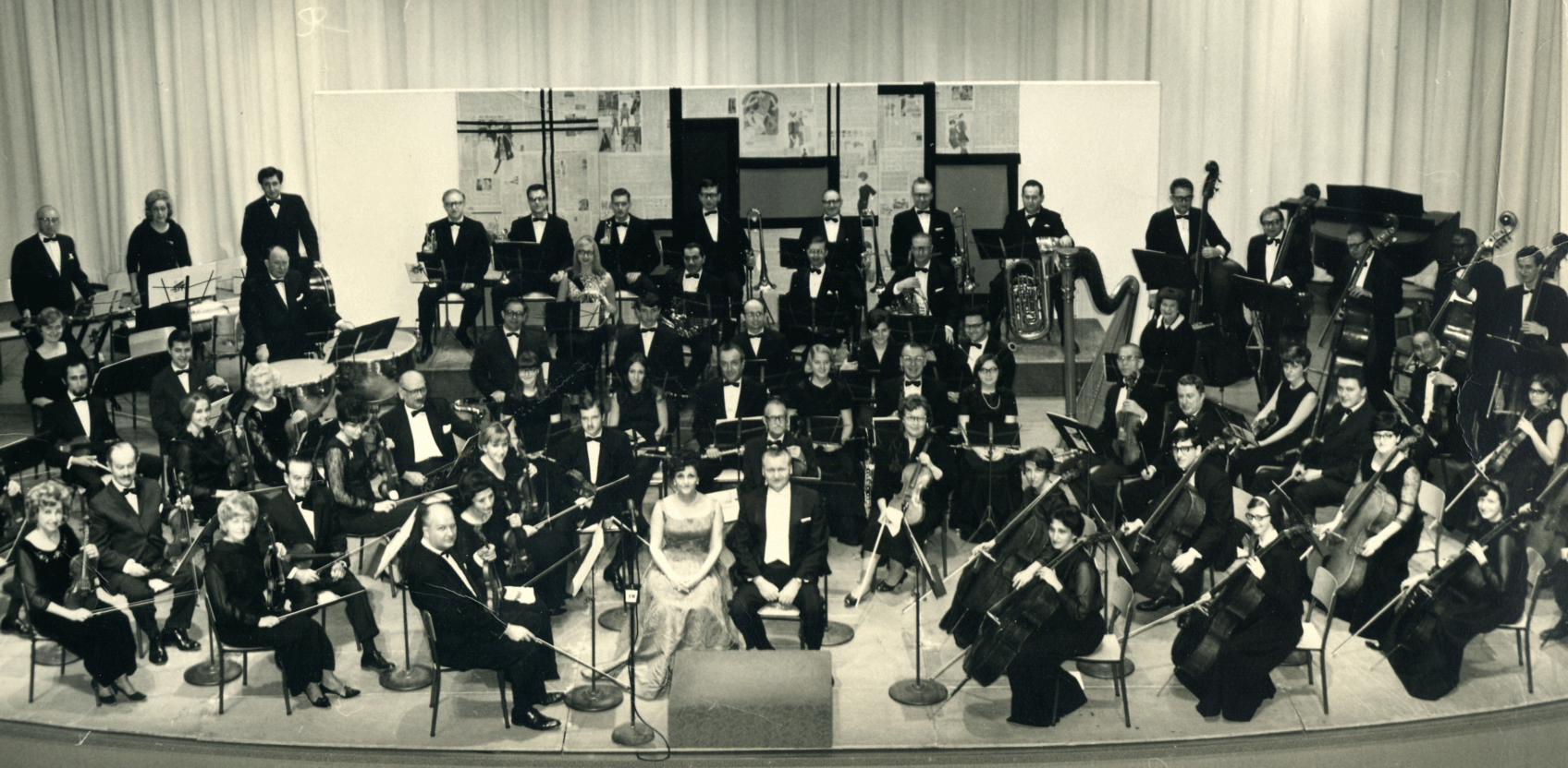 Windsor Symphony Orchestra, ca 1967 At the Cleary auditorium, showing four members of the Pohjola family, Ruth, (left, rear), Lasse (front, left of conductor), Shelley (right, 2nd cello) and Larry (far right, double bass)